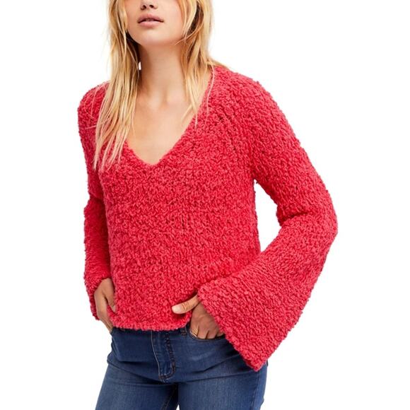 Free People Sand Dune Pullover Coral Pink V-Neck Long Bell Sleeve Fuzzy Sweater - Picture 1 of 12